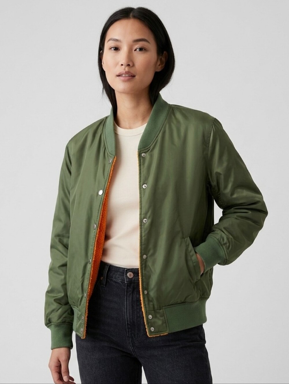 Blank NYC Reversible Green Bomber Jacket with Orange Fleece Lining